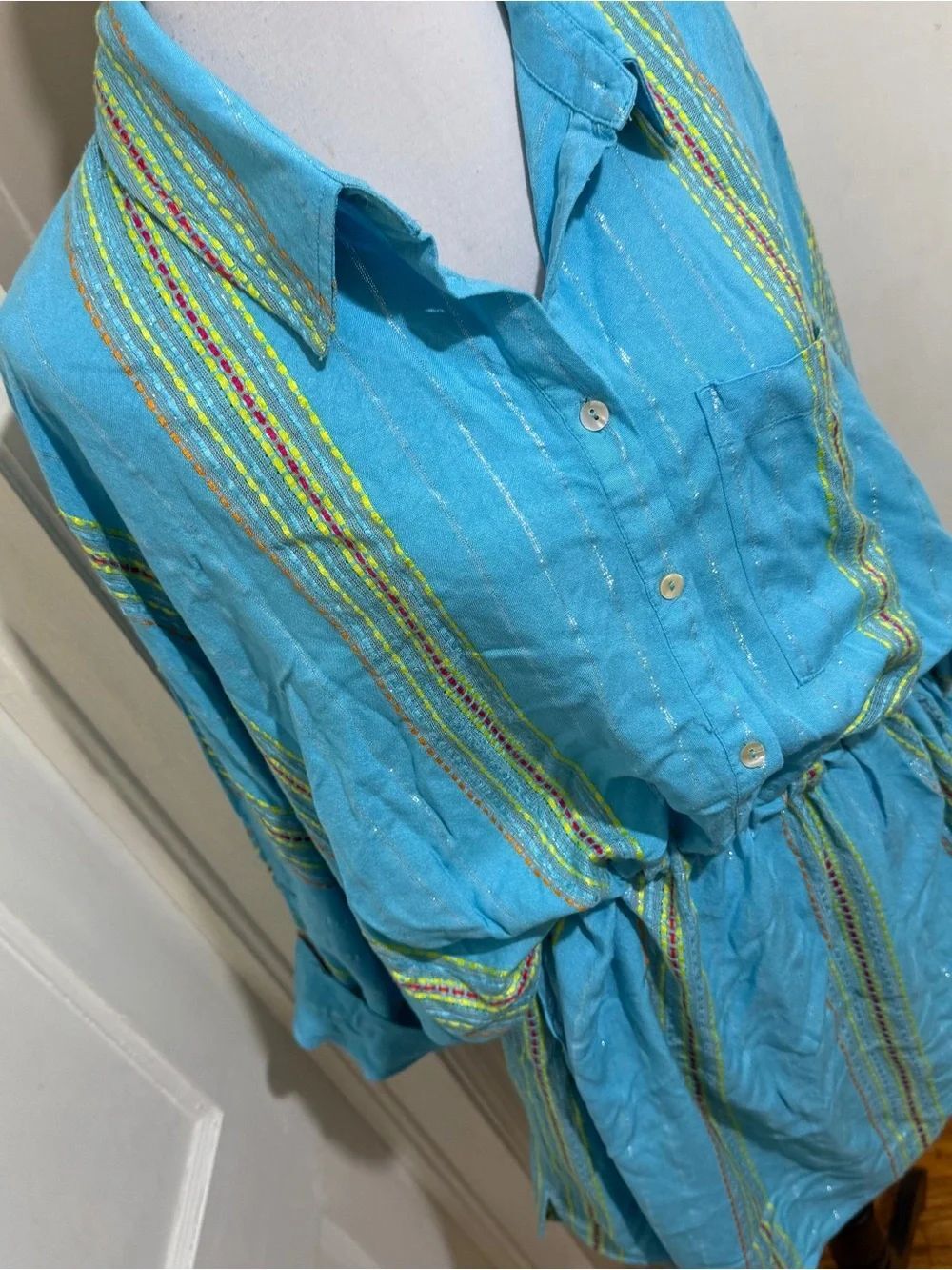 Elan Turquoise Tunic with Neon Green, Pink & Orange Embroidery